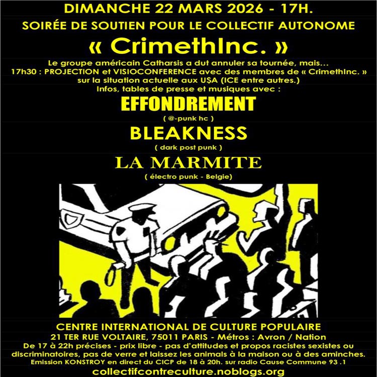 #97 – Direct du Cicp, en soutien à CrimethInc. avec Effondrement, Bleakness et La Marmite